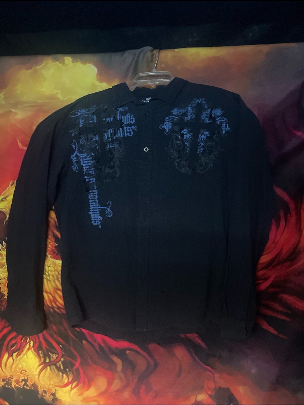 Helix Black Long-Sleeve Button Shirt with Blue Graphic Accents